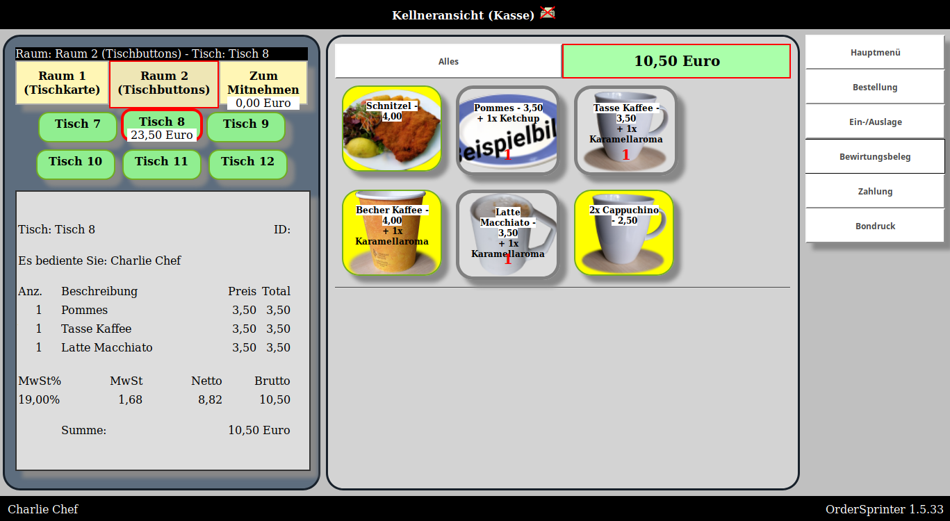 Desktop-Ansicht von OrderSprinter beim Kassieren
